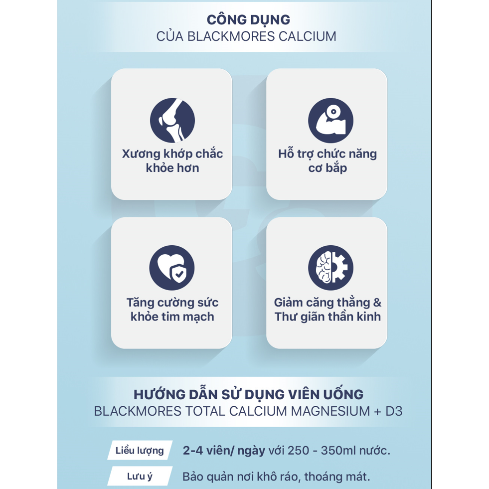 Viên uống Magie Blackmores Total Calcium Magnesium + D3, 200 Tablets nhập khẩu Úc - Gymstore