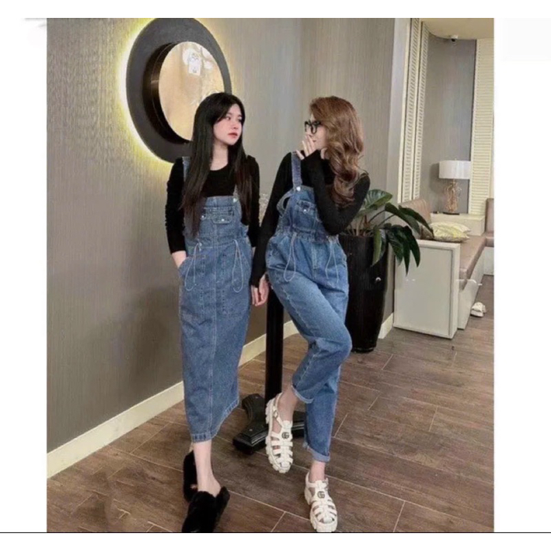 Váy yếm jean dài rút dây xẻ tà trước kiểu