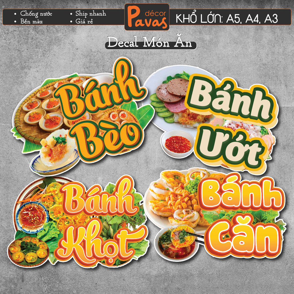Decal Bánh Bèo, Bánh Căn, Bánh Khọt, Bánh Ướt chống nước trang trí dán quán trà sữa, quán ăn, dán tường, tủ. TTQ35