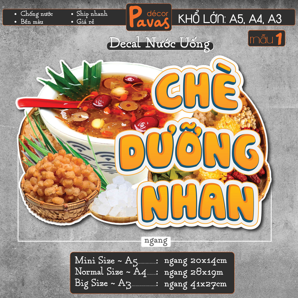 Decal Chè Dưỡng Nhan chống nước trang trí dán quán trà sữa, cà phê, quán ăn, dán tường, tủ. TTQ49