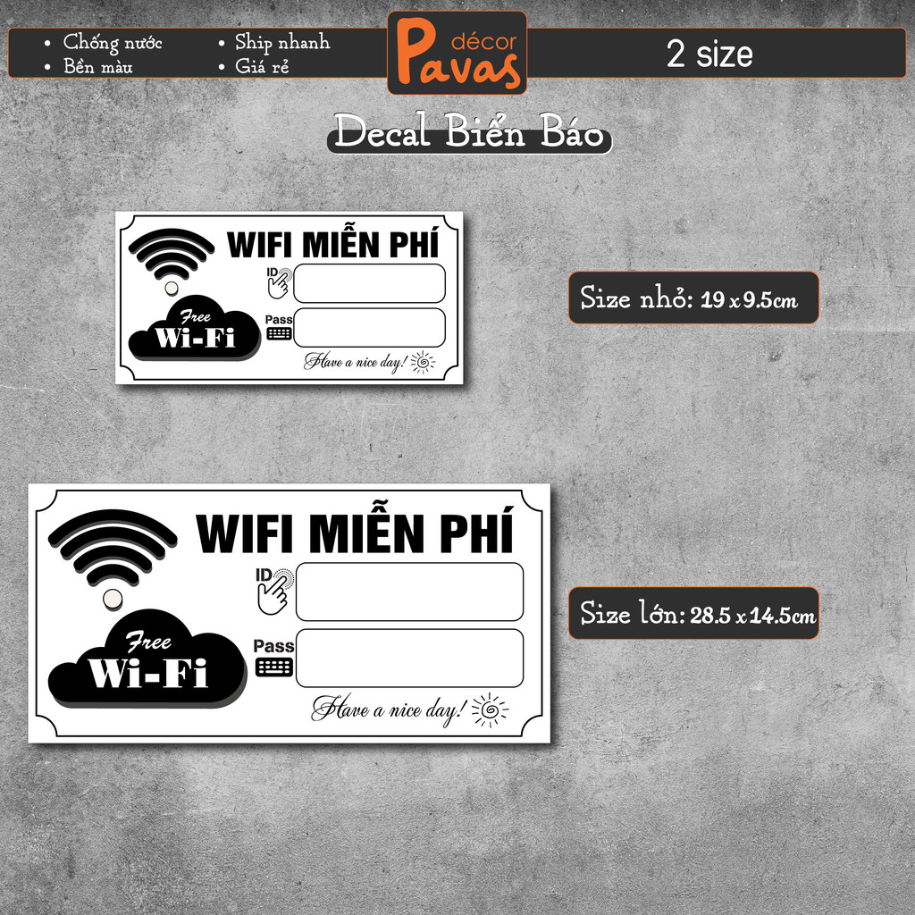 Decal Dán Biển Báo Wifi chống nước dán trang trí tường, dán quán trà sữa