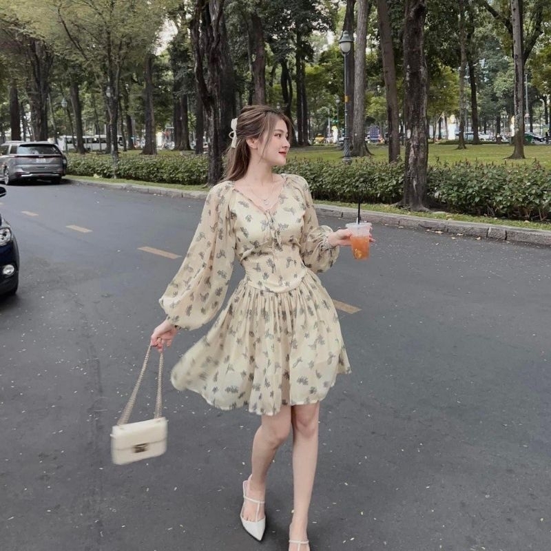 Đầm Nữ Tiểu Thư đi chơi đi biển Tay Dài, Đầm Chic Hoa Nhí Kiểu Nơ Trước Ngực Phù Hợp Với Mọi Lứa Tuổi 164