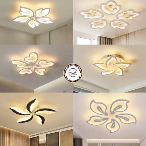 Đèn ốp trần 5 cánh hoa đèn led mâm ốp trần kèm điều khiển căn chỉnh 3 chế độ trang trí phòng khách phòng ngủ