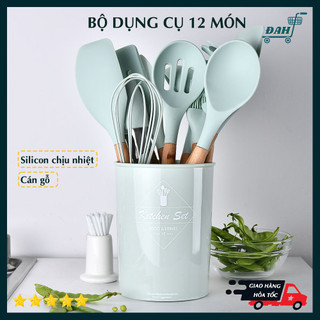 Bộ dụng cụ làm bếp Silicone 12 món, bộ dụng cụ làm bánh màu xanh, tay cầm gỗ cao cấp