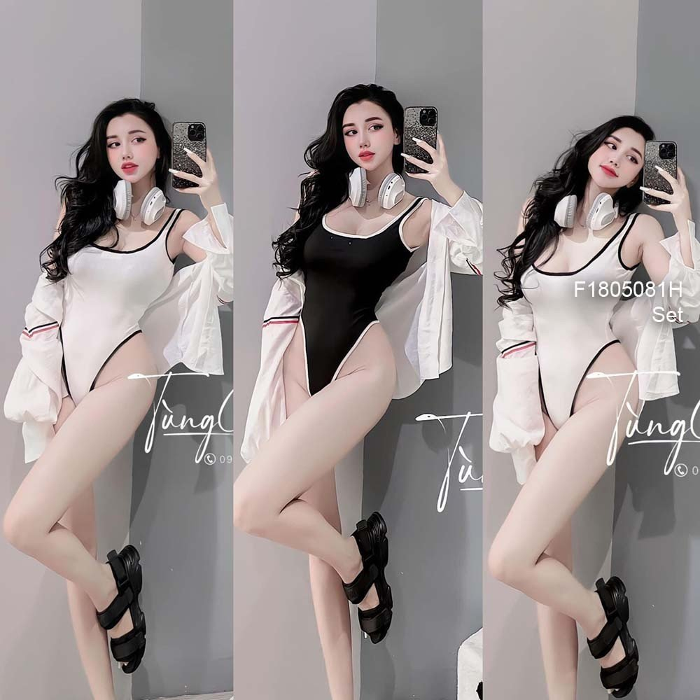 Set áo khoác sơ mi trắng đi biển form rộng tay dài kèm jumsuit sát nách phối viền[TMTHOUSE]