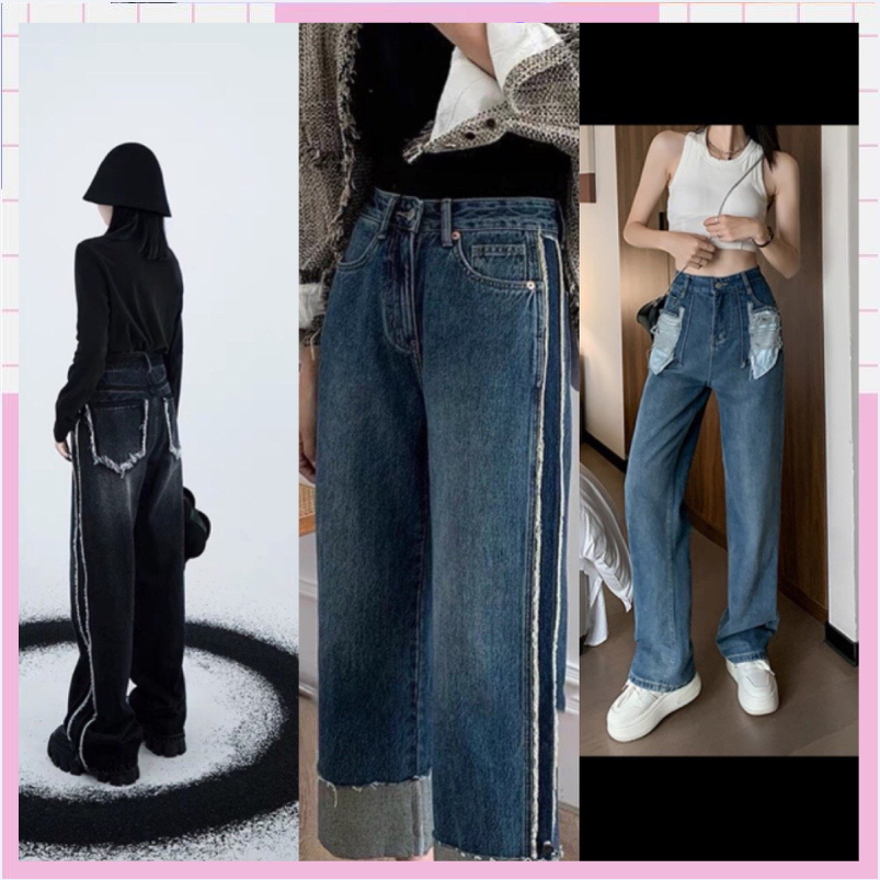 Quần bò jean ống rộng suông xuông nữ jeans cạp cao túi trước thêu gối phong cách Hàn Quốc 2023 | BigBuy360 - bigbuy360.vn