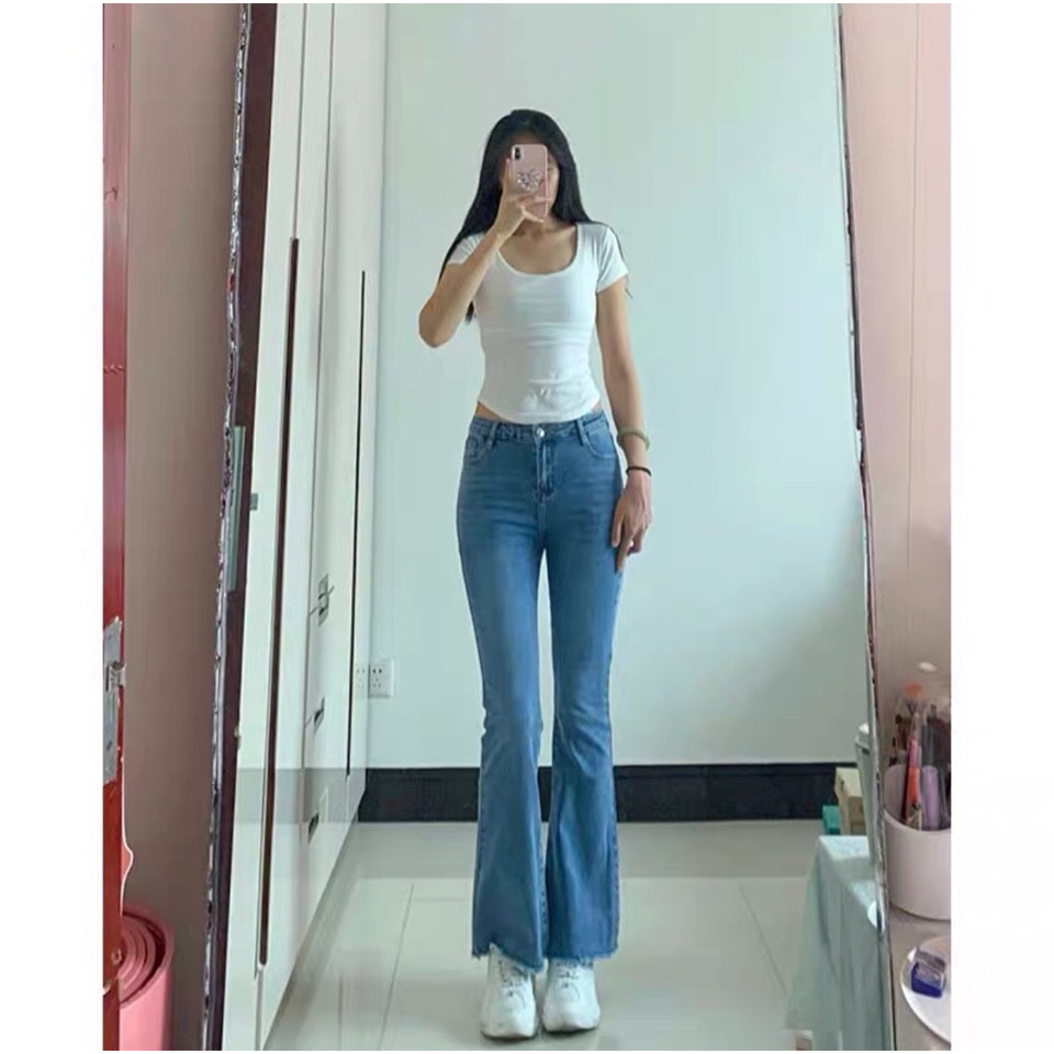 Quần jean bò ống loe đứng xẻ tà gấu co giãn ống rộng suông xuông nữ jeans cạp cao phong cách Hàn Quốc 2023 | BigBuy360 - bigbuy360.vn