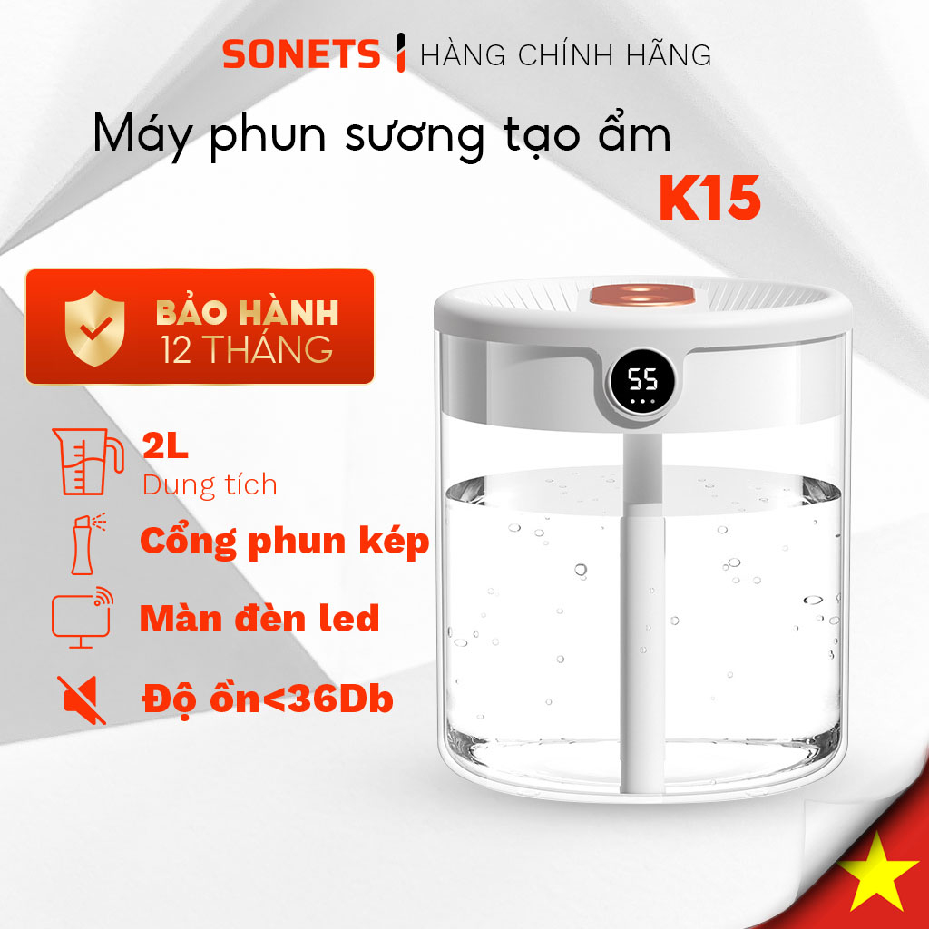 Máy Phun Sương Tạo Ẩm Không Khí SONETS Máy Phun Dung Tích Lớn 2L K15, Phun Sương Làm Mát Không Khí Màn Hiển Thị Độ Ẩm