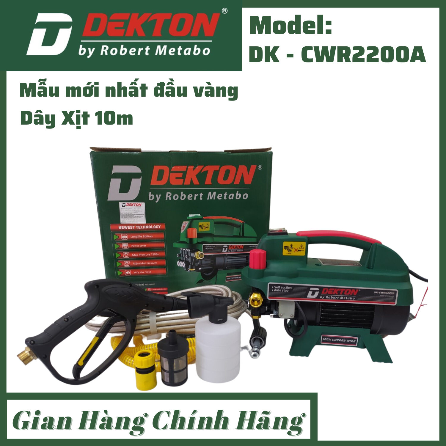 Máy Rửa xe Dekton 2200w lõi đồng 100% có chỉnh áp - Mẫu mới dây xịt 10m, đầu vàng