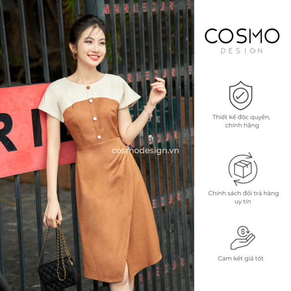 Váy ôm nâu pha be ,xếp ly chéo eo COSMO Design 11706