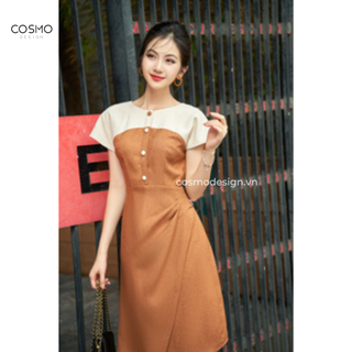 Váy ôm nâu pha be ,xếp ly chéo eo COSMO Design 11706