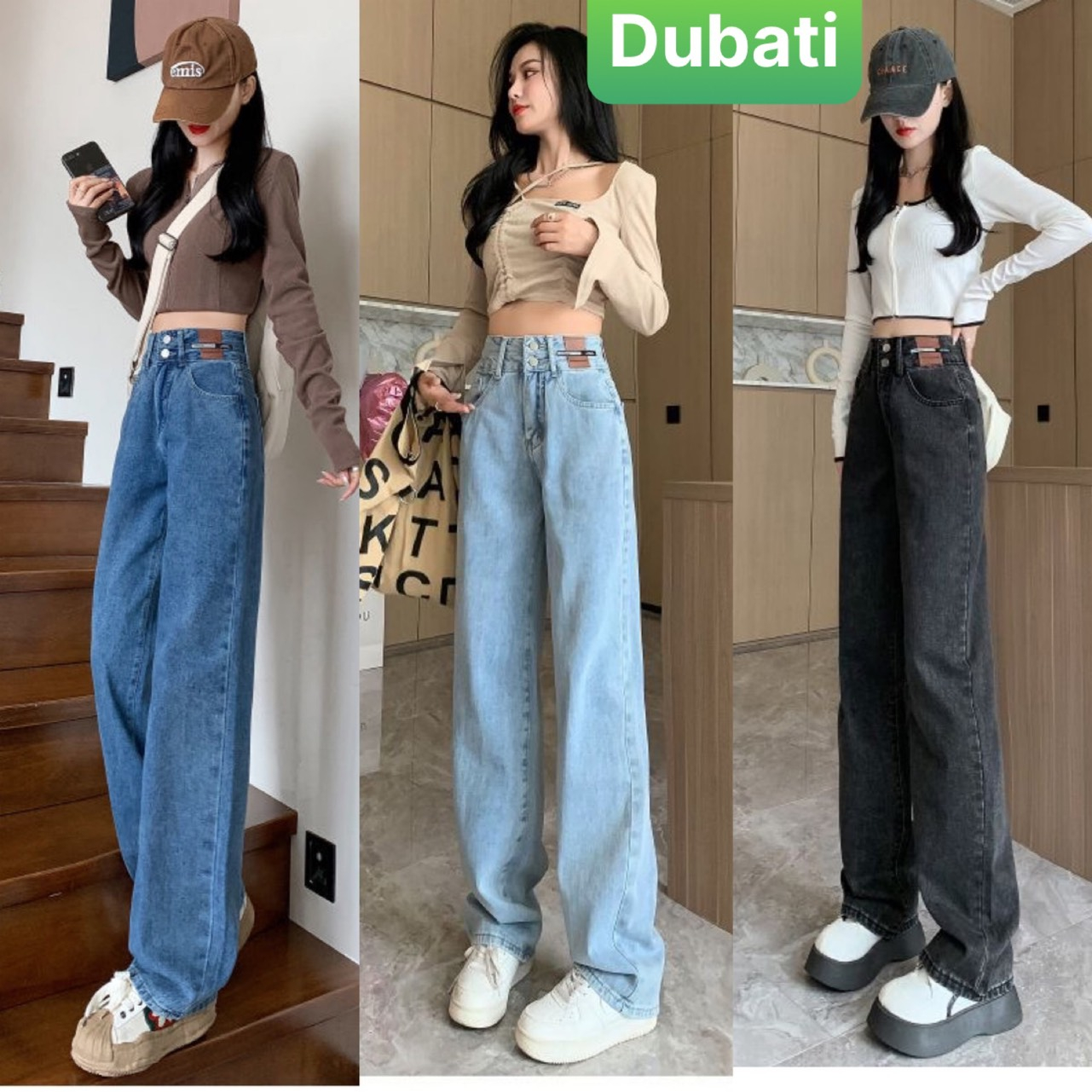 QUẦN JEANS NỮ ỐNG SUÔNG RỘNG CẠP CAO 2 CÚC MIẾNG DA BÒ ỐNG SUÔNG NỮ PHONG CÁCH CAO CẤP MỚI - DUBATI FASHION