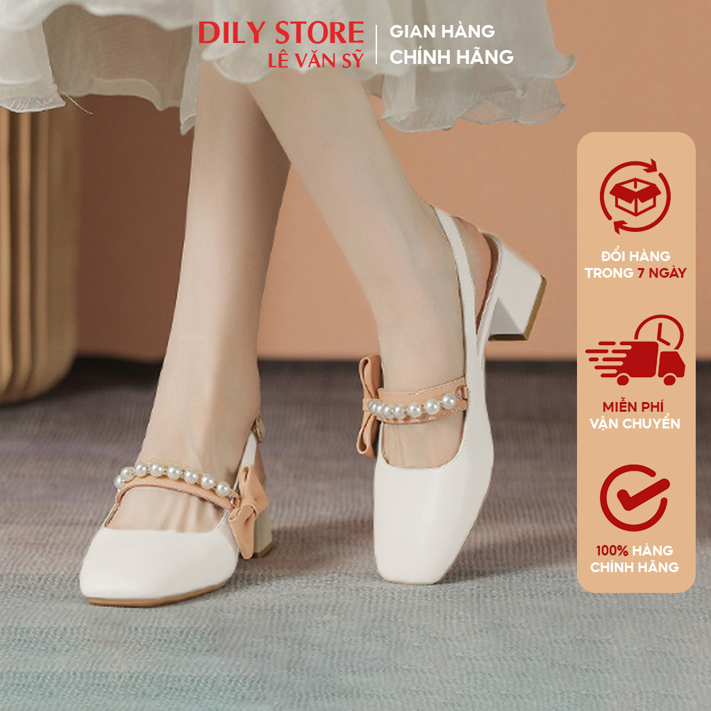 Giày cao gót slingback quai ngang đính hạt kèm nơ điệu đà cao 5cm_AA0352 [Form nhỏ tăng 1 size]
