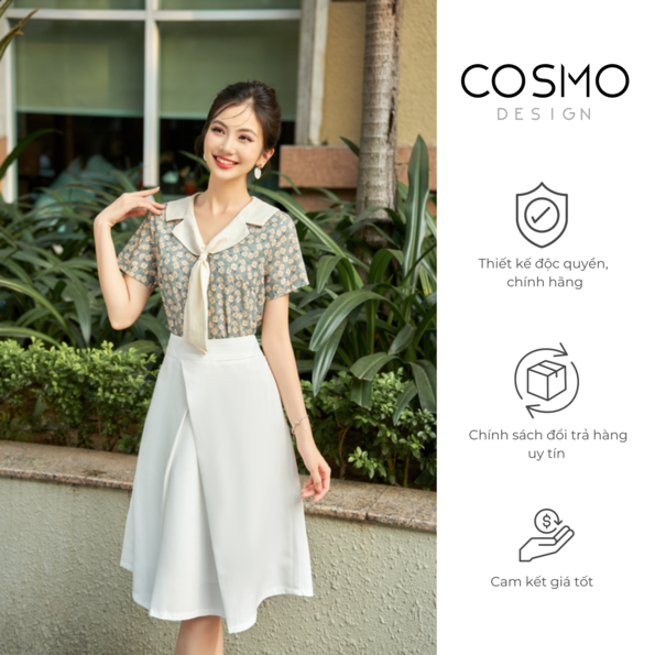 Áo hoa xanh phối cổ kem cavat COSMO Design 11625