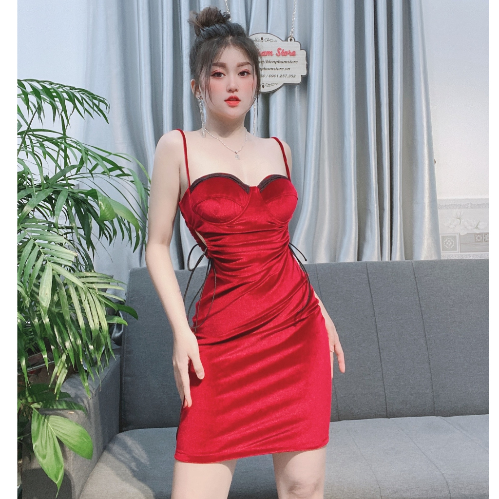 Đầm body 2 dây cúp quả ngực, khoét hở eo, đầm cúp ngực rút dây, đầm nhung dự tiệc, đi chơi DN7438