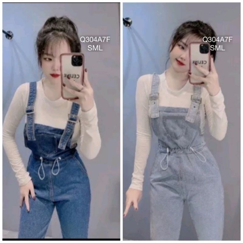 Quần yếm jeans dài có dây rút eo trơn BEBEDOLL -Yếm bò nữ dáng baggy phong cách Hàn Quốc #Y3047