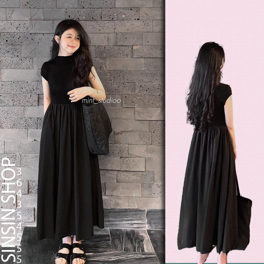 Váy liền thân dáng dài xoè đen mùa hè tay hến hot mã 680 SINSIN SHOP