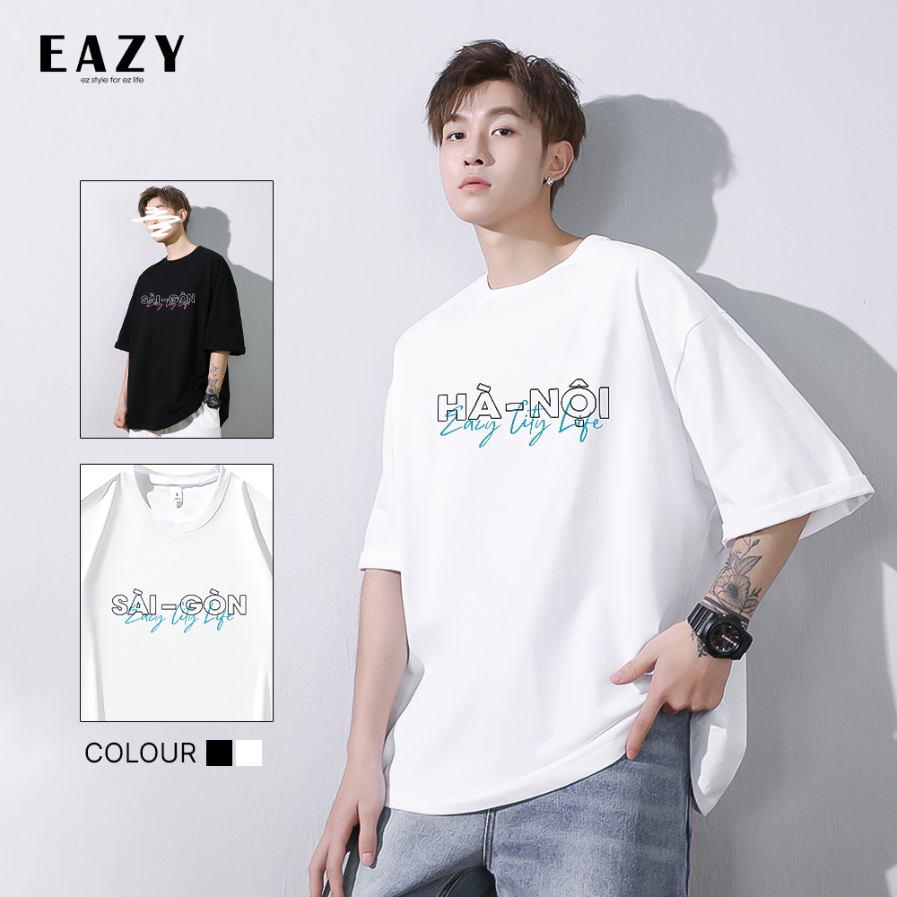 Áo thun tay lỡ form rộng unisex in chữ HÀ NỘI SÀI GÒN , Áo phông oversize nam nữ thời trang màu trắng đen EAZY - T11
