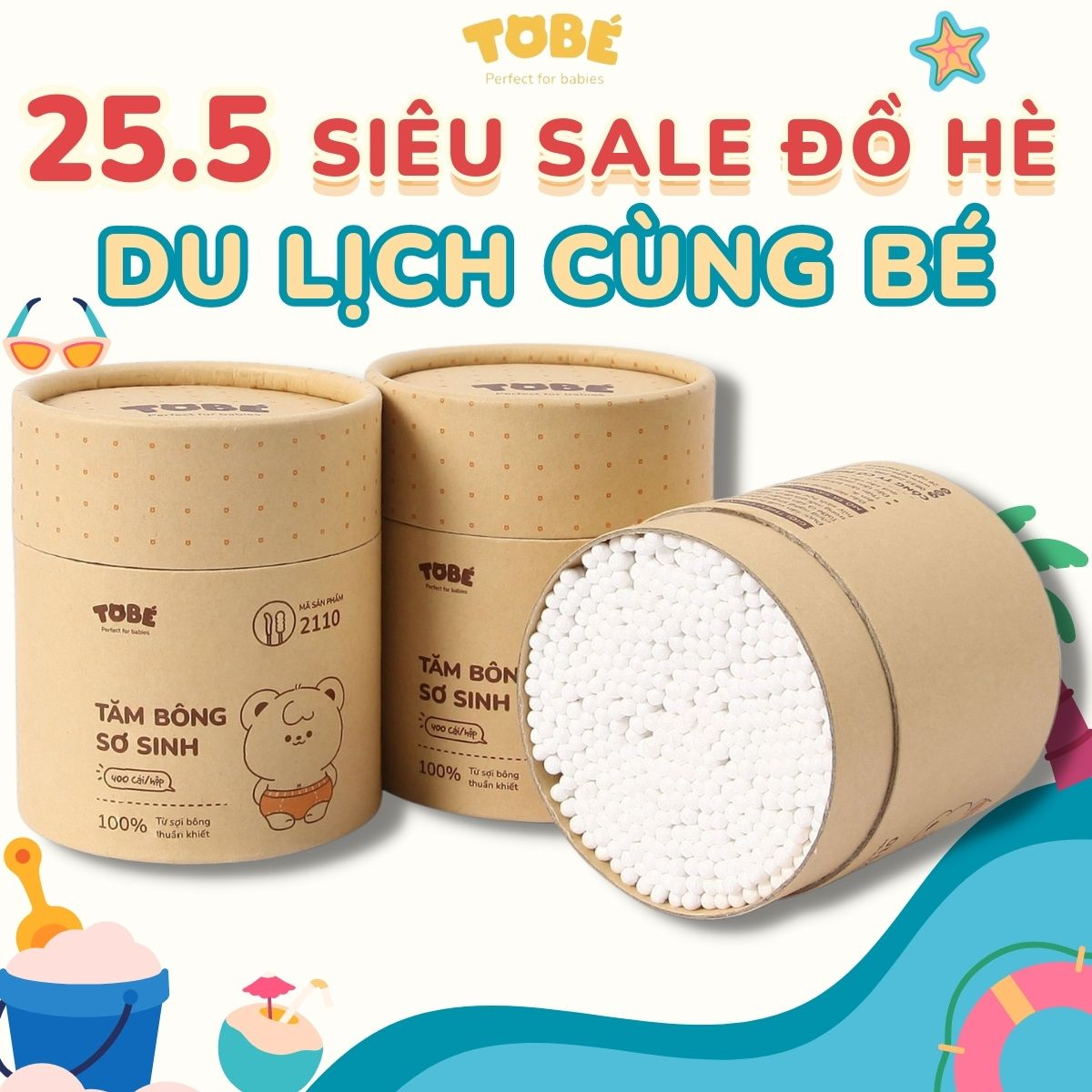 Tăm bông sơ sinh Ualarogo hộp 400 que 7cm kháng khuẩn từ bông tự nhiên an toàn tiện lợi dài