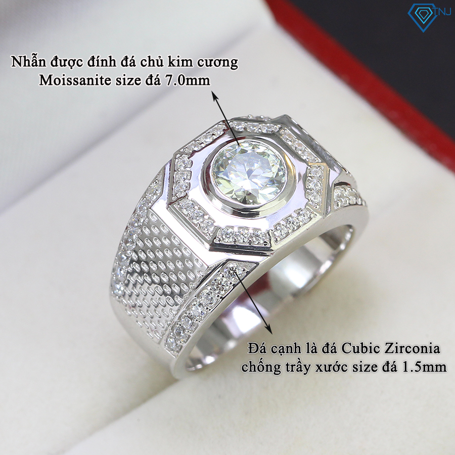 Nhẫn nam kim cương Moissanite 7ly xi bạch kim kiểm định GRA, mặt bát giác sang trọng NNAM0012 - Trang Sức TNJ