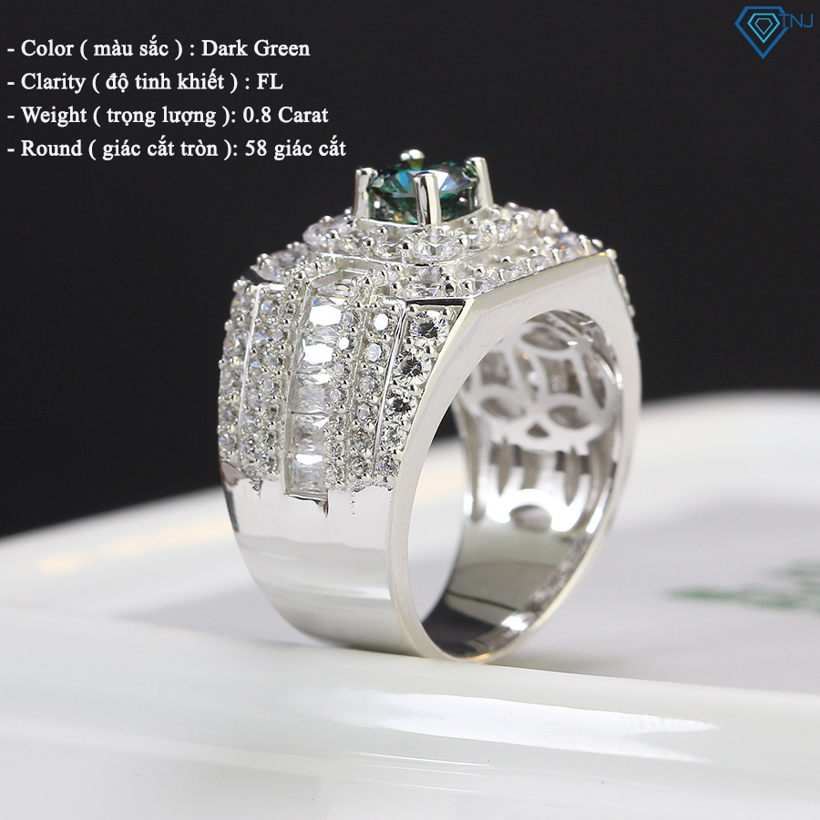 Nhẫn nam kim cương Moissanite xanh 6mm kiểm định GRA, xi bạch kim cao cấp NNAM0011 - Trang Sức TNJ