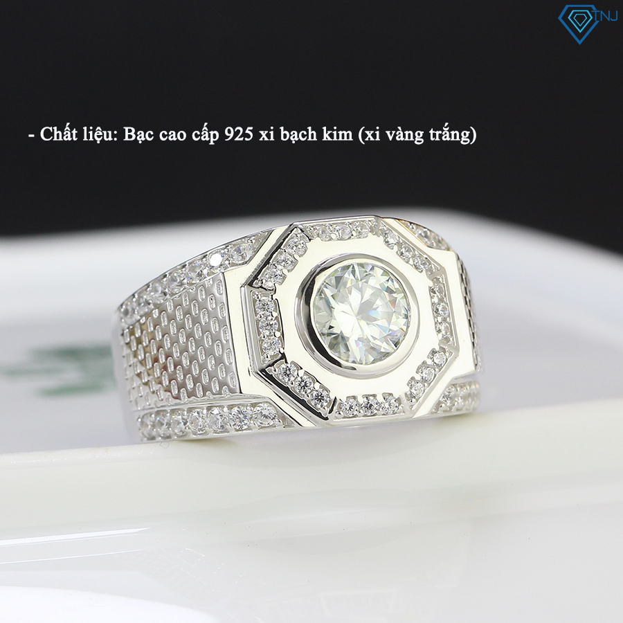 Nhẫn nam kim cương Moissanite 7ly xi bạch kim kiểm định GRA, mặt bát giác sang trọng NNAM0012 - Trang Sức TNJ