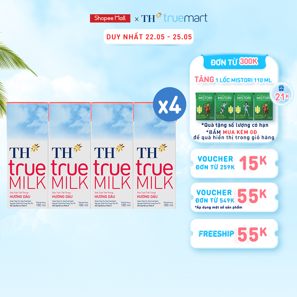 4 Lốc sữa tươi tiệt trùng hương dâu TH True Milk 180ml (180ml x 4 hộp)