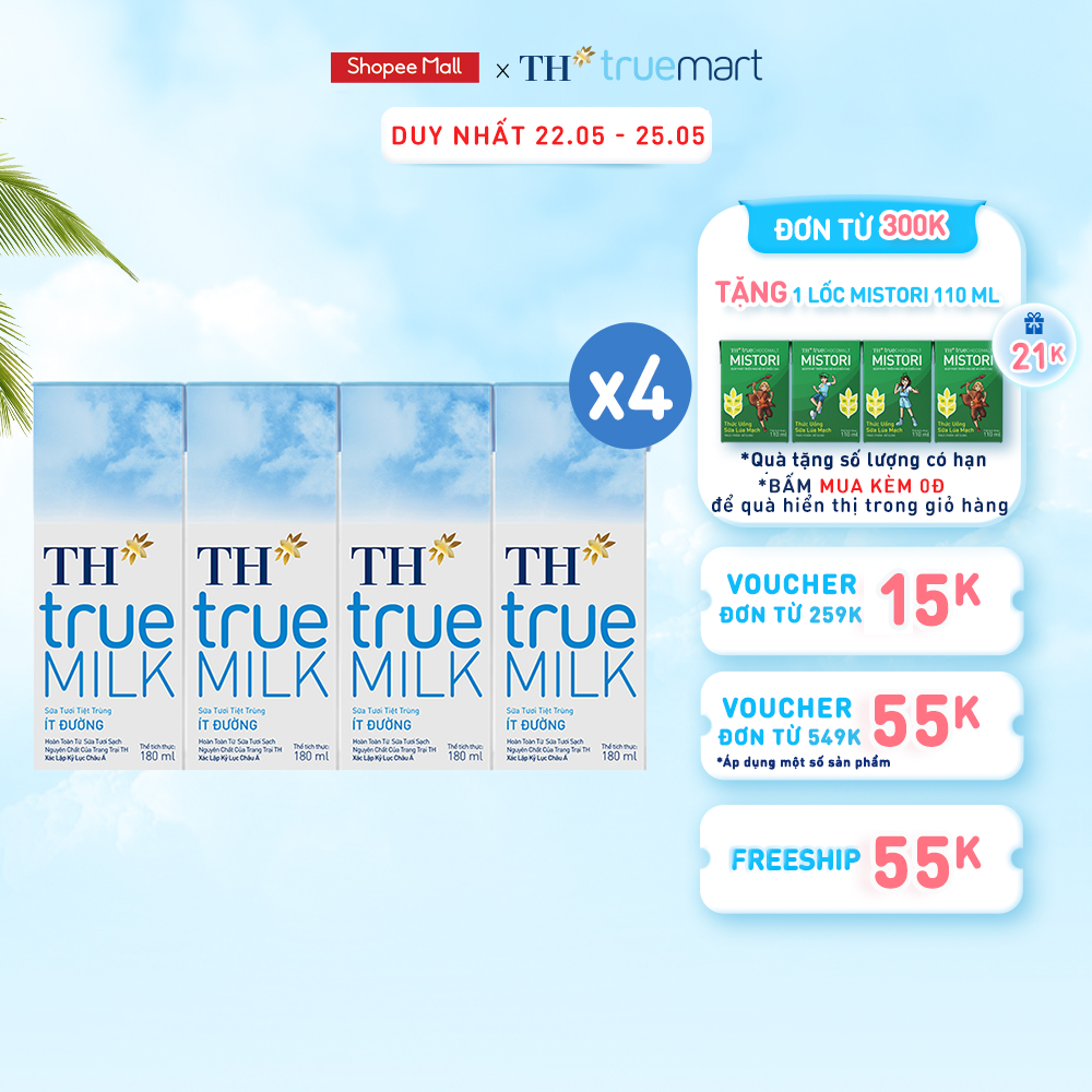 4 Lốc sữa tươi tiệt trùng ít đường TH True Milk 180ml (180ml x 4 hộp)
