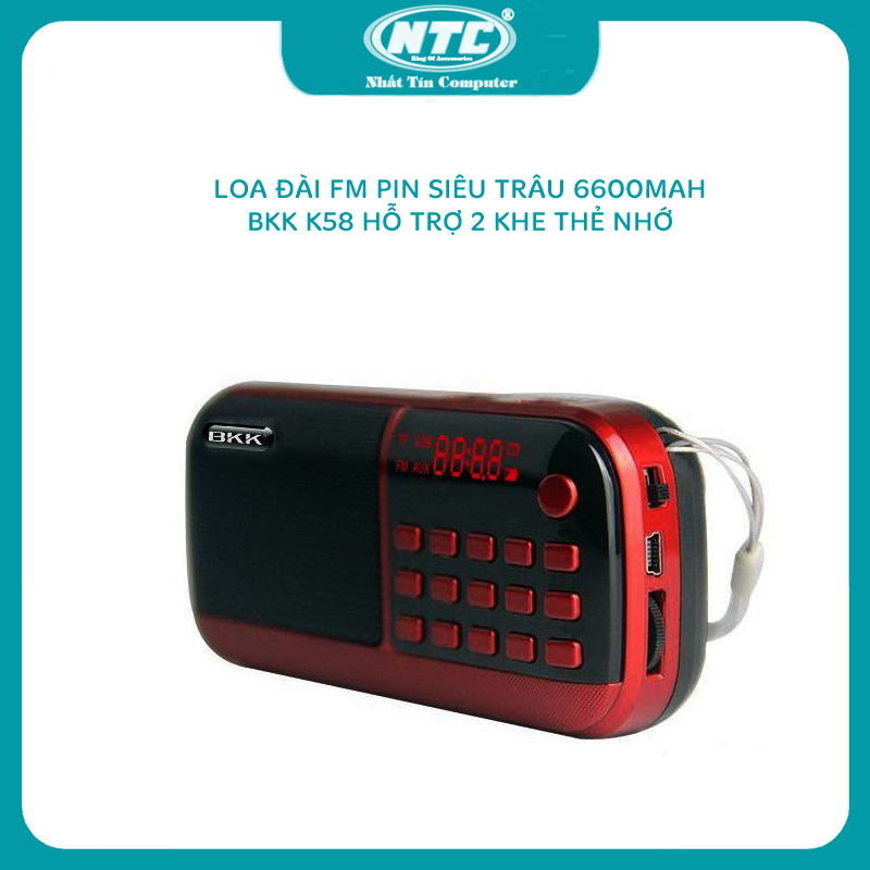 Loa nghe đài FM BKK K58 pin 6600mah hỗ trợ 2 khe thẻ nhớ - nghe liên tục lên đến 5 ngày (Đen đỏ) Nhất Tín Computer