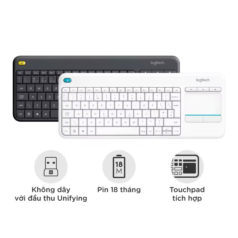 Bàn phím không dây Growntech K400 Plus - có touchpad để kết nối PC đến TV, nút Media tùy chỉnh, phù hợp Laptop cao cấp