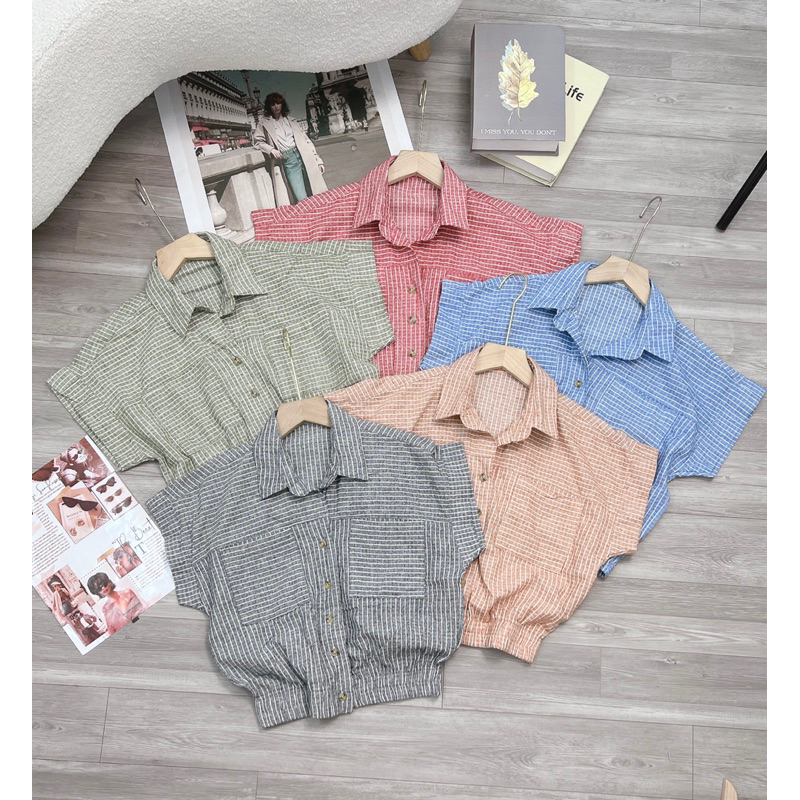 Áo Sơmi Croptop Tay Hến Bo Gấu Kẻ Sọc Mới Lạ
