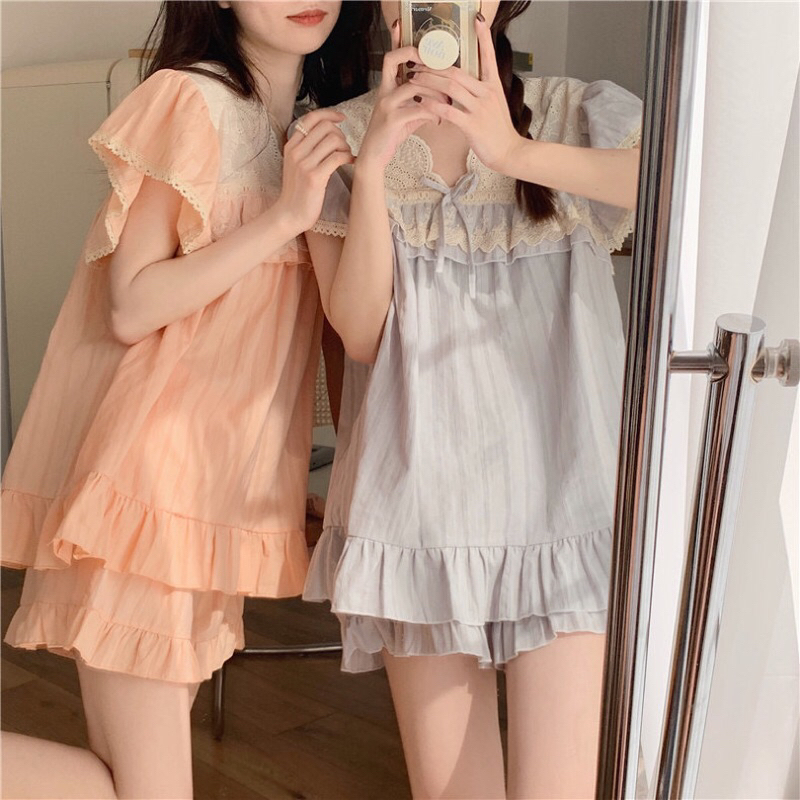 ĐỒ BỘ NỮ MẶC NHÀ QUẢNG CHÂU Phối Bèo Ren Nơ Tiểu Thư ulzzang