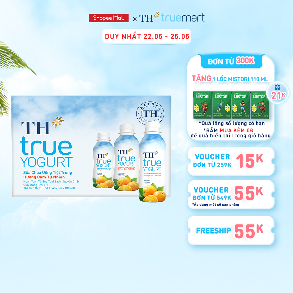 Thùng 48 chai sữa chua uống tiệt trùng hương cam tự nhiên TH True Yogurt 180ml (180ml x 48)