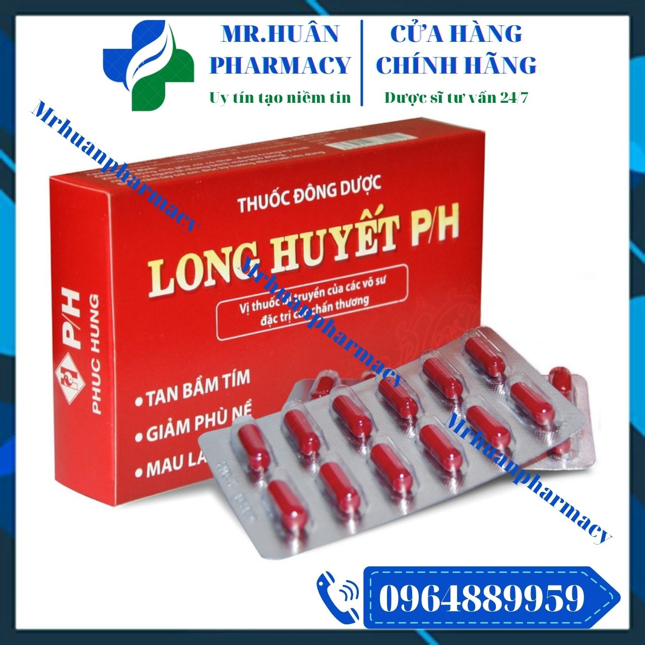Long Huyết PH Phúc Hưng (Hộp 2 vỉ x 12 viên) - Hỗ trợ làm tan bầm tím, giảm đau, tiêu sưng, giúp mau lành vết thương