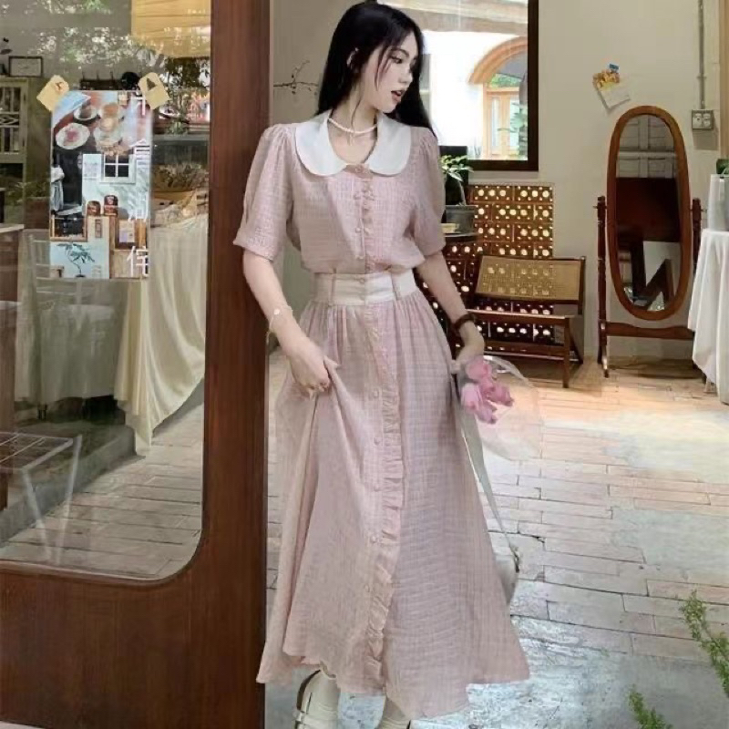 Set áo sơ mi cổ búp bê kèm chân váy lưng cao thời trang cho nữ hè 2023