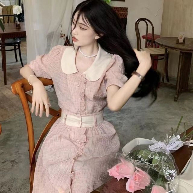 Set áo sơ mi cổ búp bê kèm chân váy lưng cao thời trang cho nữ hè 2023