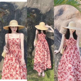 Đàm Maxi Hoa Ms.3999 Váy Hai Dây Thân Chun Dáng Xòe, Họa Tiết Hoa Tone Đỏ Nổi Bật