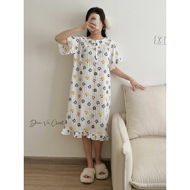 Đầm ngủ nữ chất đũi xốp/ đũi gân viền bèo tiều thư hoạ tiết cute