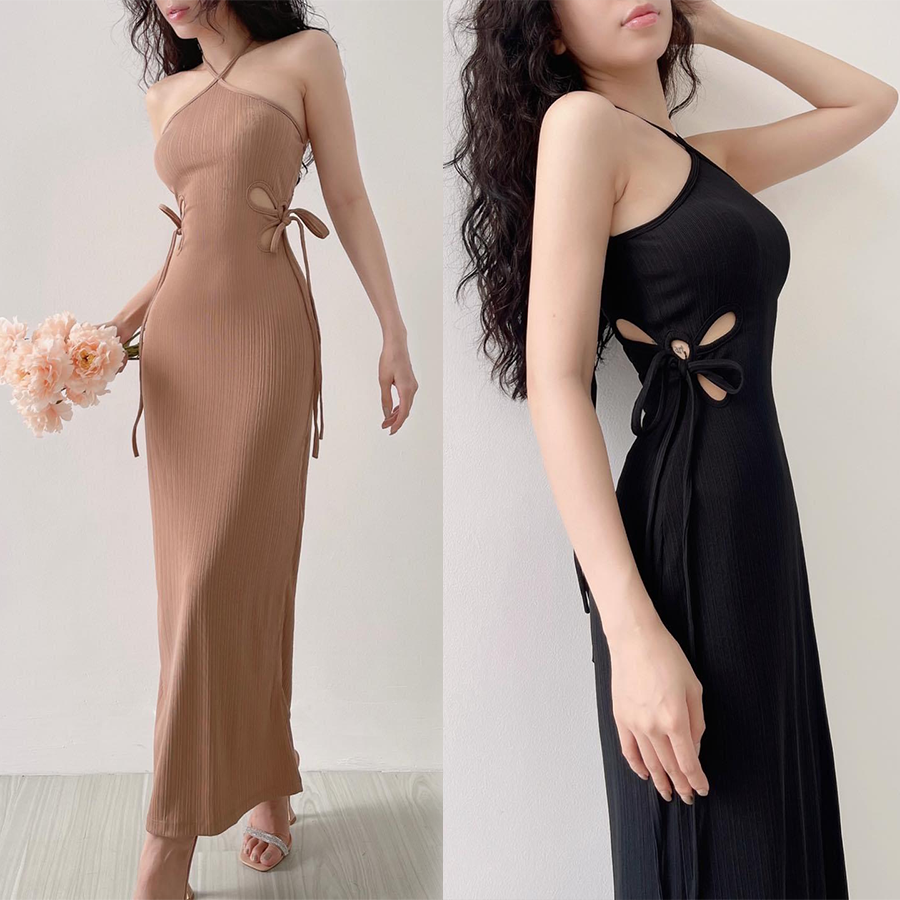 Đầm maxi thun đen cổ yếm đi biển