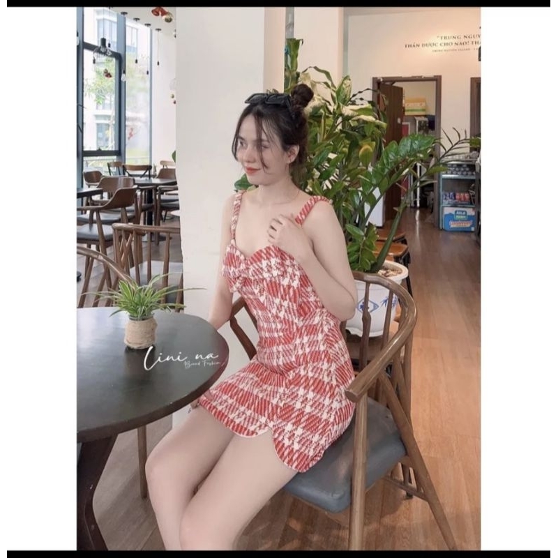 Set áo dạ hai dây nơ ngực chân váy