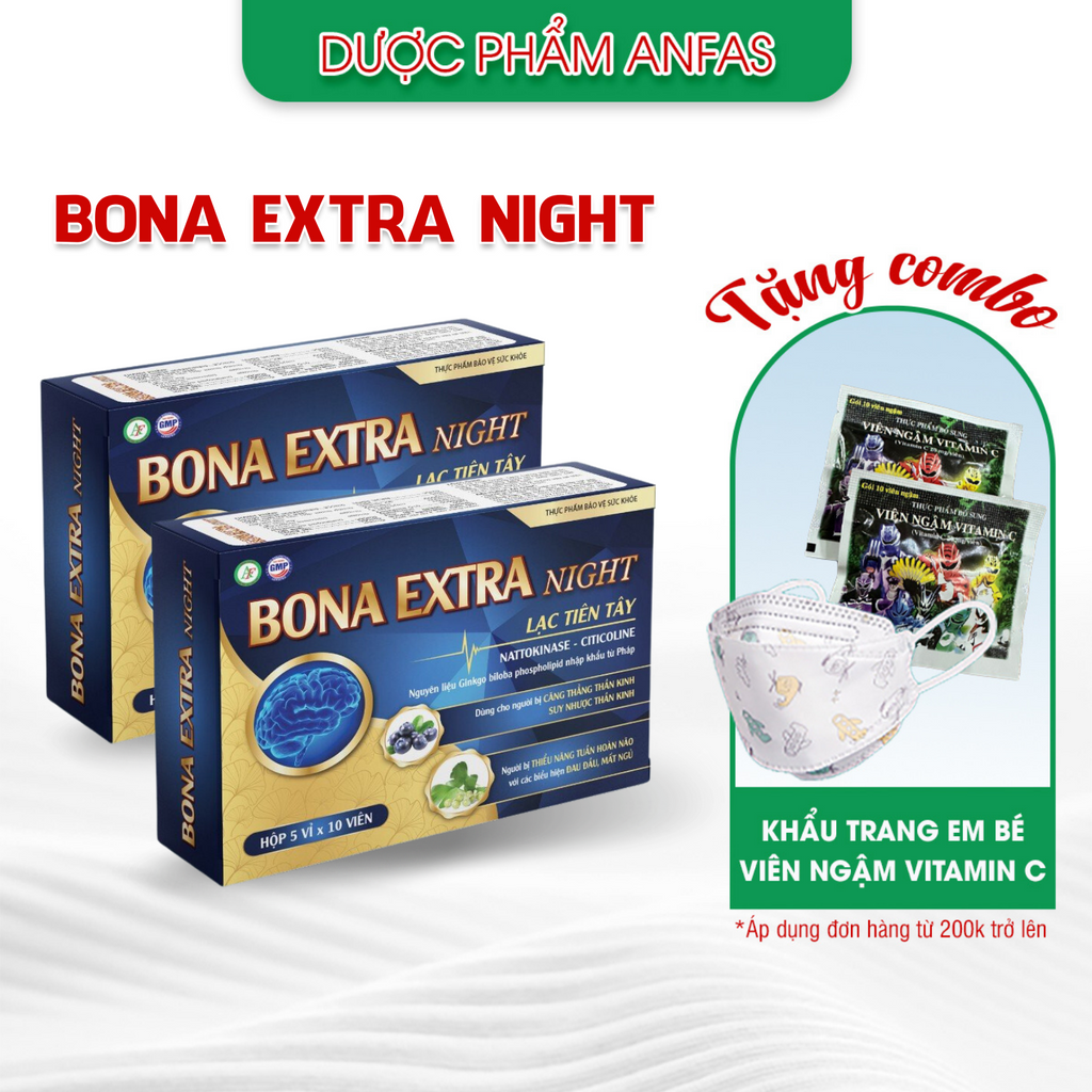 Viên uống Bona Extra Night Anfas, giảm đau đầu, bổ não, tăng cường máu lên não ( Hộp 5 vỉ*10v)