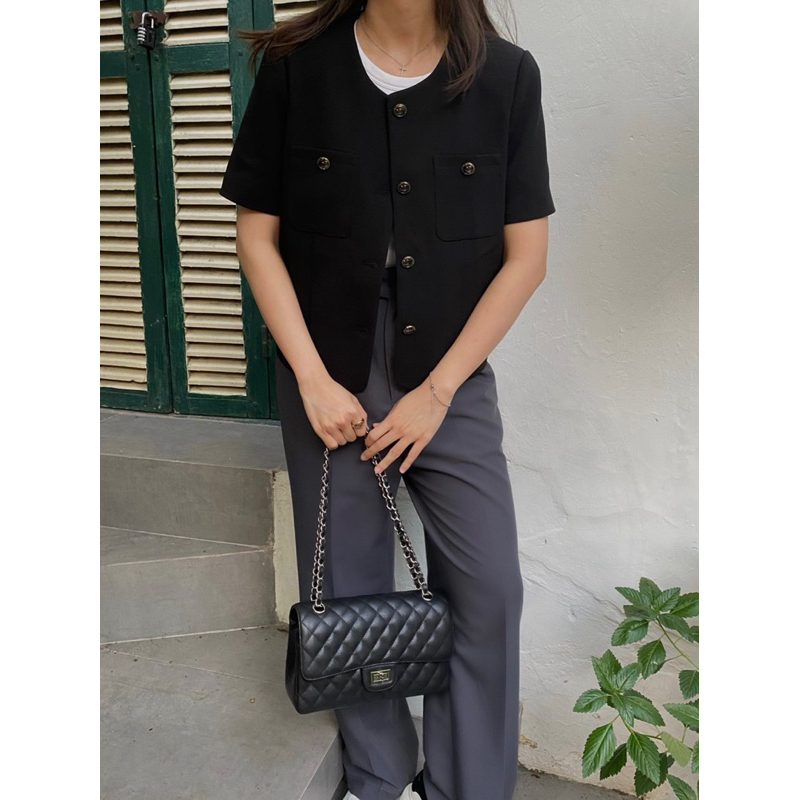 Anne Blazer - Áo Blazer cộc tay không cổ dàn ngắn hàn quốc
