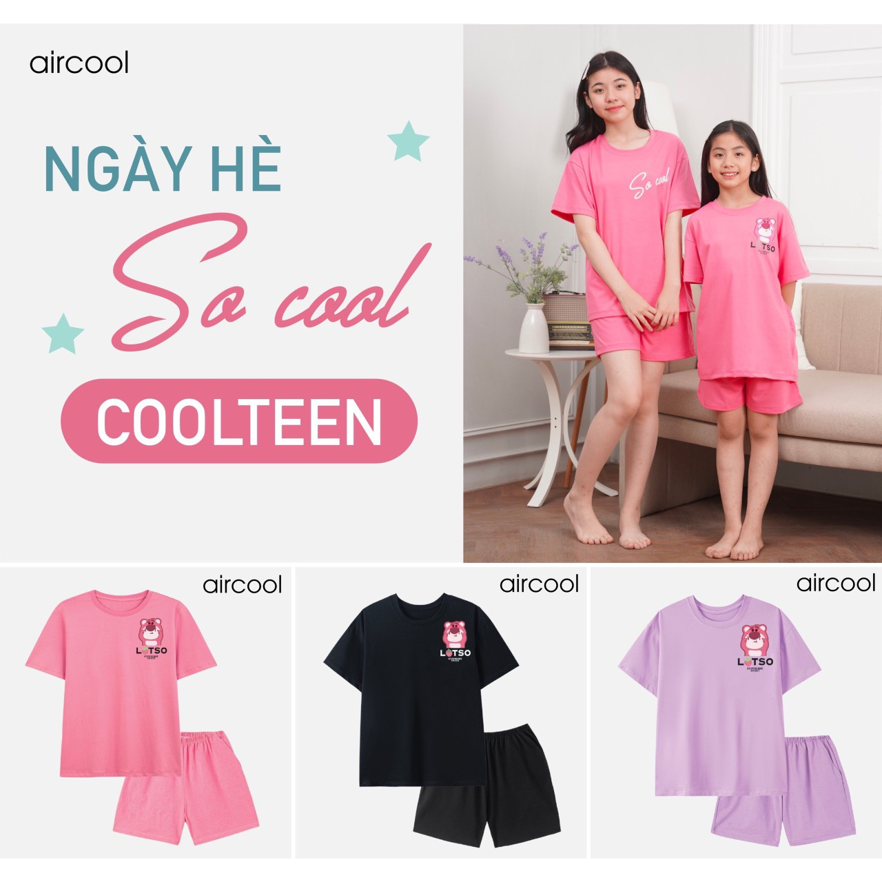 Bộ Quần Áo Cộc Tay Gấu Lotso Nhỏ Cho Bé Gái 6-16++ Vải Cotton Mềm Mát Aircool