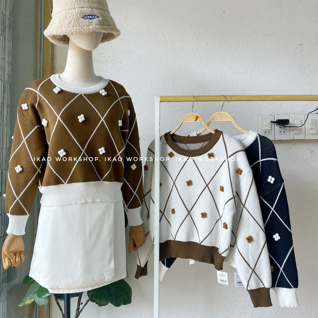 Áo Sweater Len Nữ Tay Dài IKAO STATION Áo Len Đính Hoa Dày Dặn Dáng Rộng Thoải Mái Phong Cách Hàn Quốc
