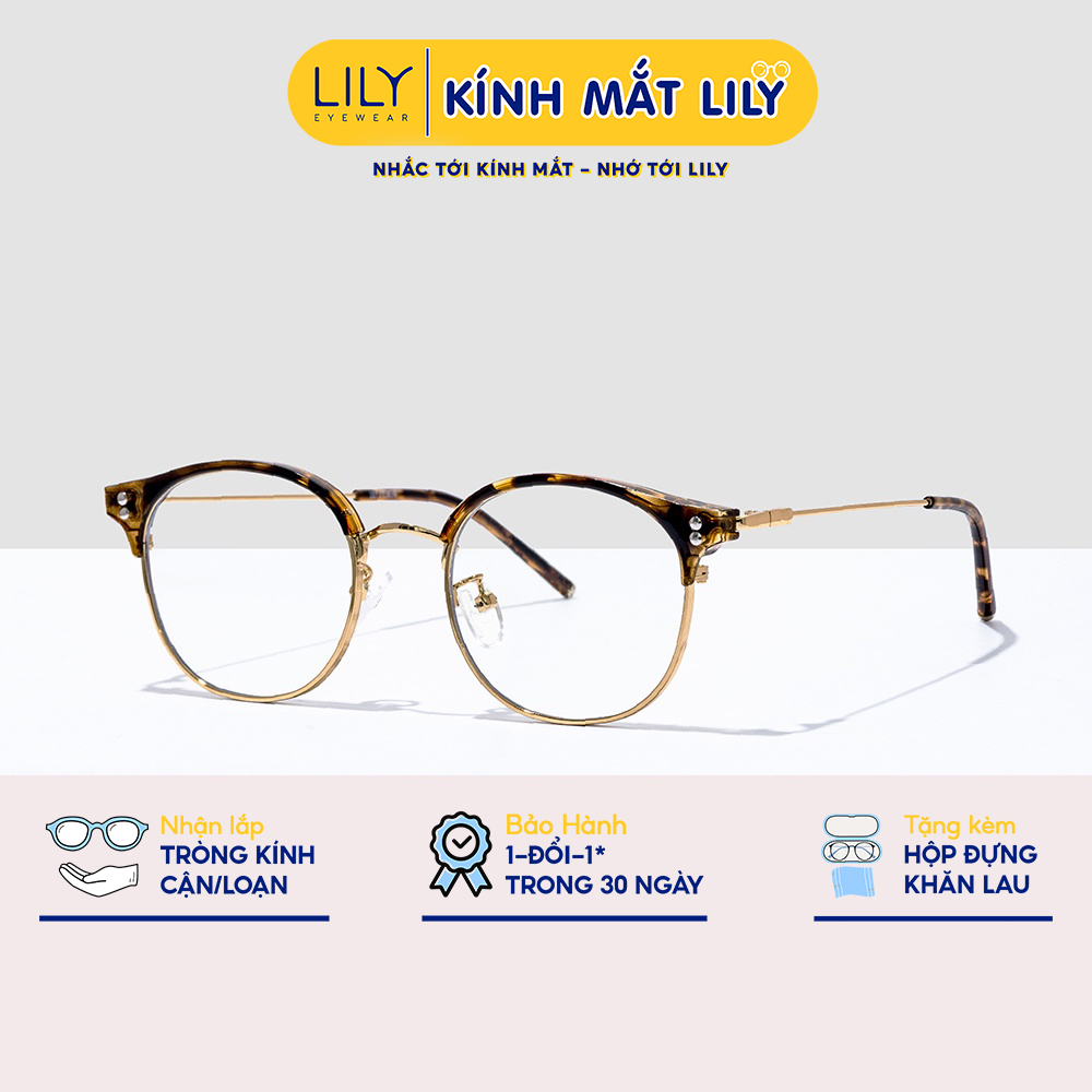 Gọng kính mắt tròn nam nữ LILYEYEWEAR kính nửa viền nhựa pha kim loại chắc chắn dễ đeo phong cách Hàn Quốc 220010