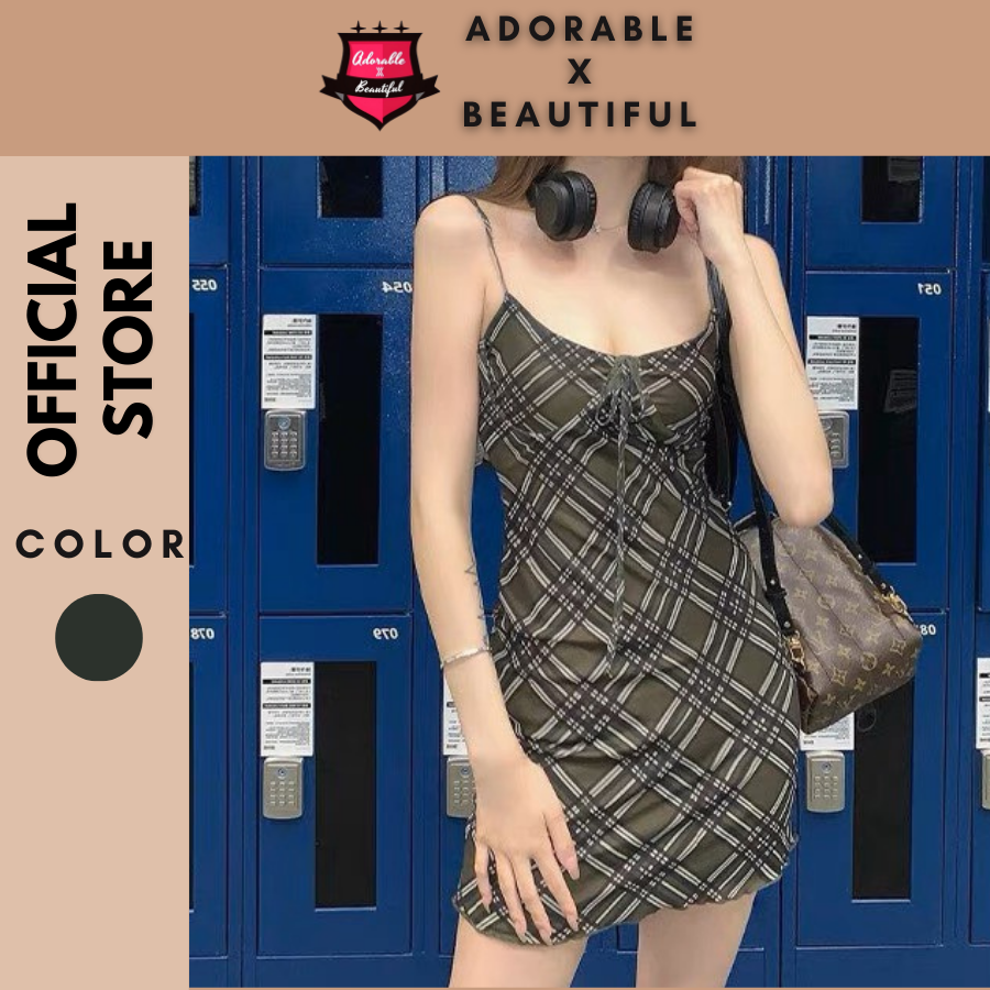 Đầm Hai Dây Caro, Đầm Body 2 Dây Màu Rêu Họa Tiết Phong Cách Ulzzang Hot Trend [AdorablexBeautiful]