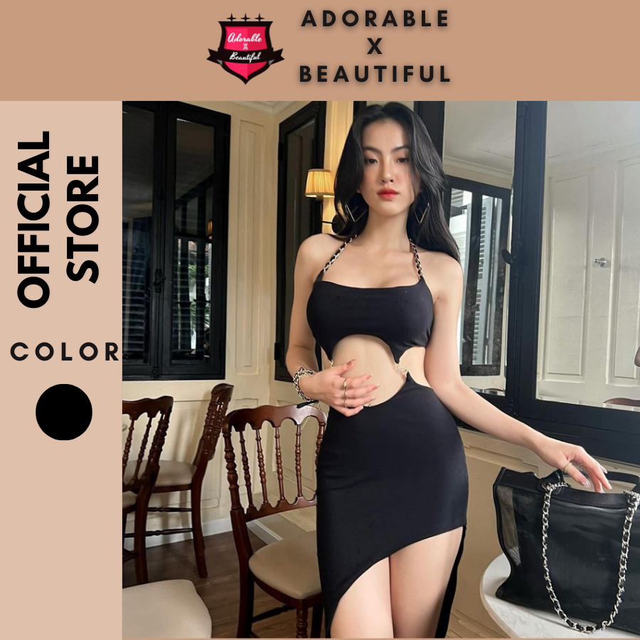 Đầm 2 Dây Cut Out Thun Sexy Xẻ Đùi, Váy Hai Dây Dự Tiệc Body Sang Trọng Co Giãn Dây XÍch [AdorablexBeautiful]