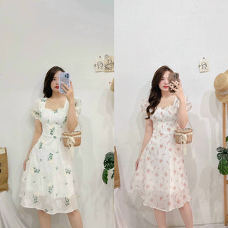 Đầm Voan Hoa Nhí Cổ Vuông Dáng Xoè Nữ Tính