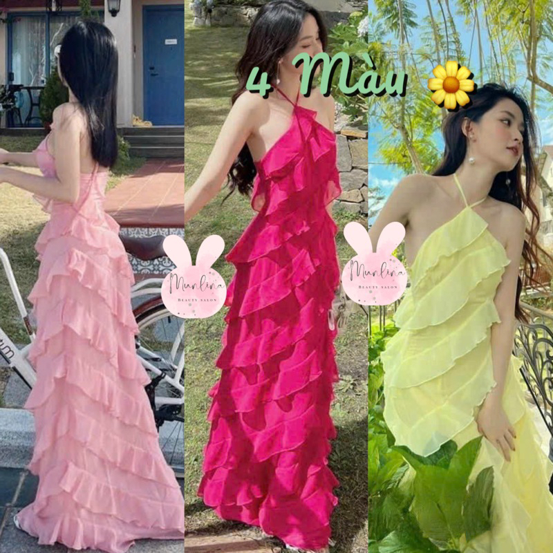 Đầm Maxi 2 Dây Cổ Yếm Voan Hở Lưng Có Mút Ngực Đi Biển Du Lịch Dáng Dài, Đầm Dự Tiệc Sang Trọng Thiết Kế Bèo Tầng.