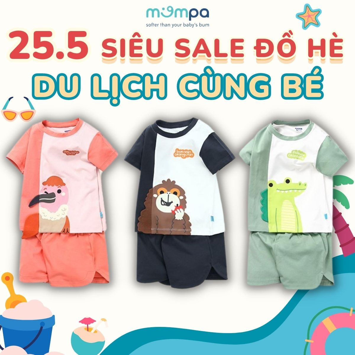 Bộ quần áo cộc tay cho bé Mompa 1 tuổi - 5 tuổi vải Cotton Actif thông thoáng mềm mát thấm hút co giãn 622